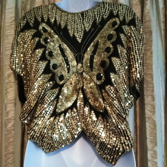 Small  Vintage Gold Sequin Butterfly Top - Picture 10 of 11